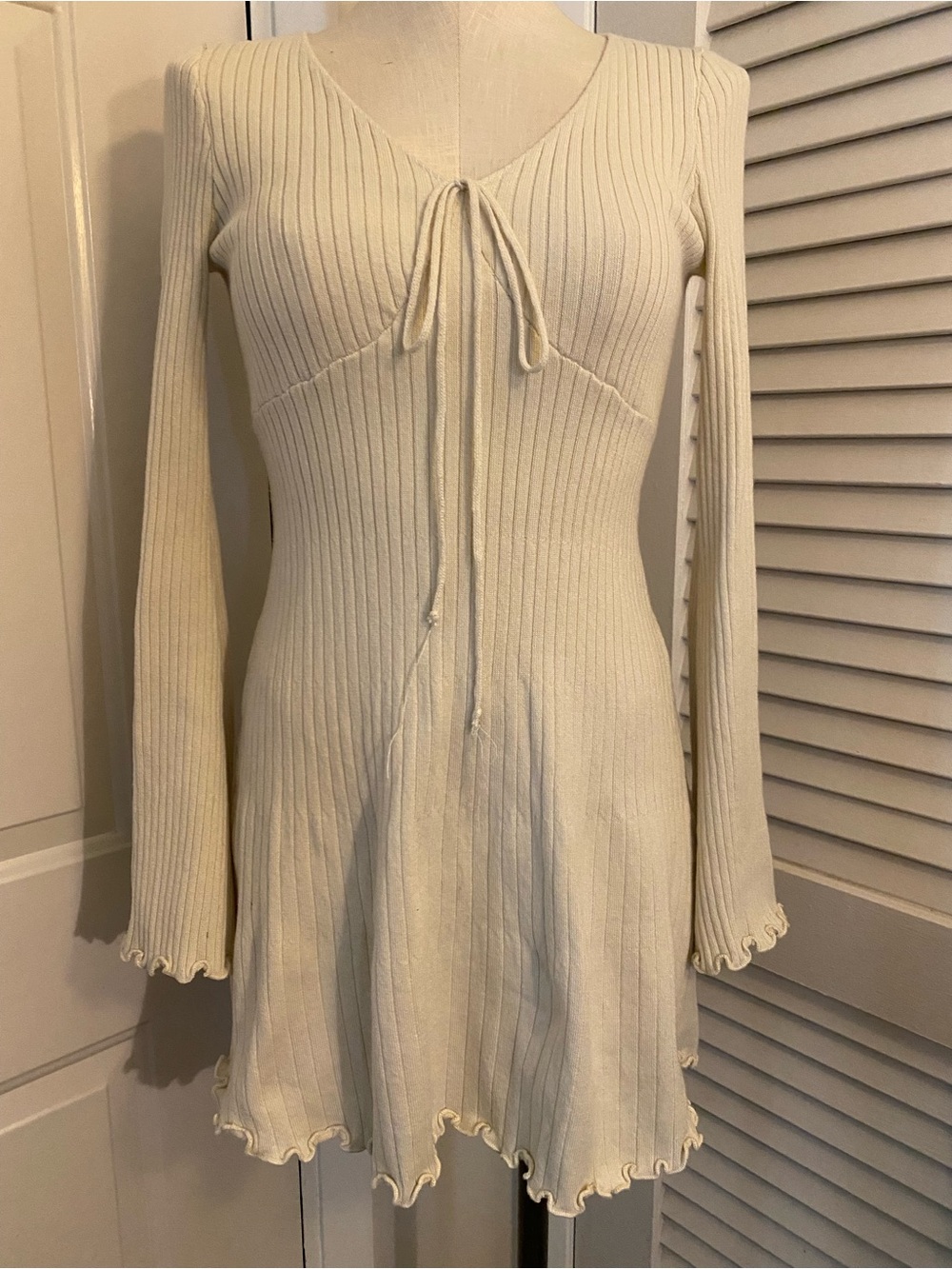 Ribbed Tie-Front Long Sleeve Mini Dress - Cream- Size Small